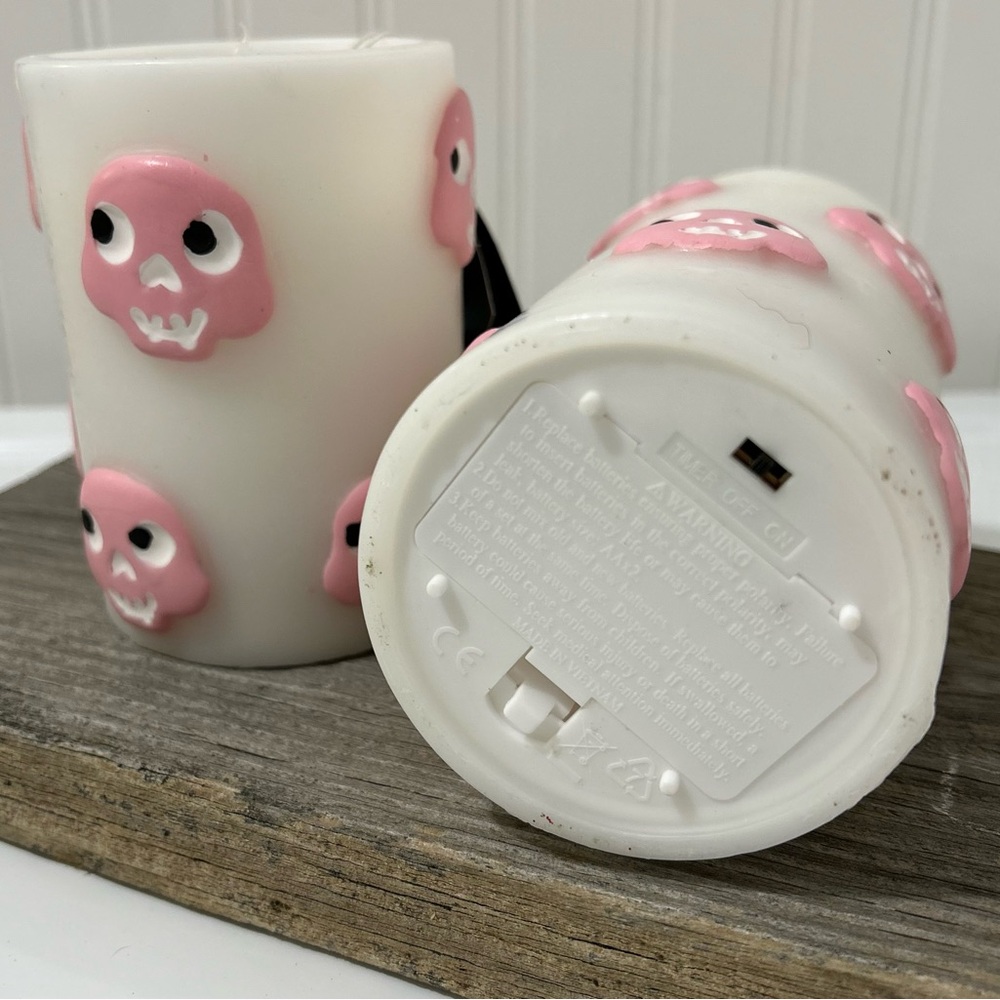 Summerween Skull Embellished White and Pink Flameless Candle Set - Picture 3 of 3
